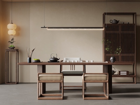 新中式茶室 茶桌椅 博古架su模型