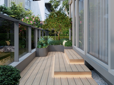 现代露台 屋顶花园 异形花箱 南法花园植物种植 防腐木台阶踏su模型