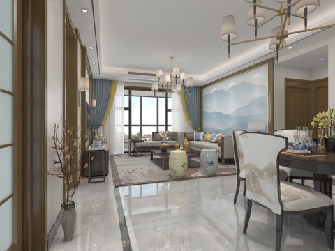  新中式客餐厅3d模型 