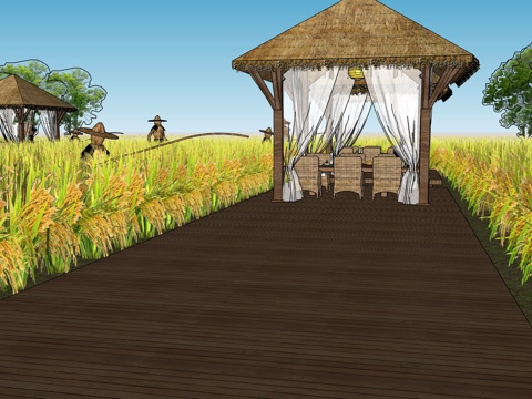 乡村稻田栈道su模型