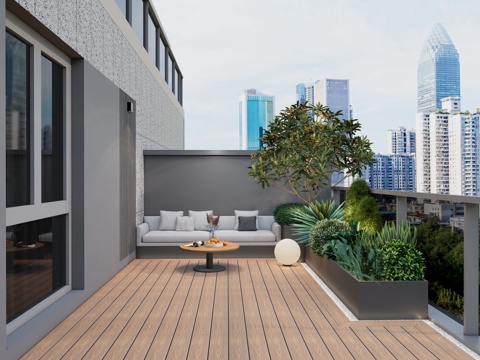 现代屋顶花园 露台 阳台 洞石餐桌椅 休闲卡座 转角金属花箱su模型