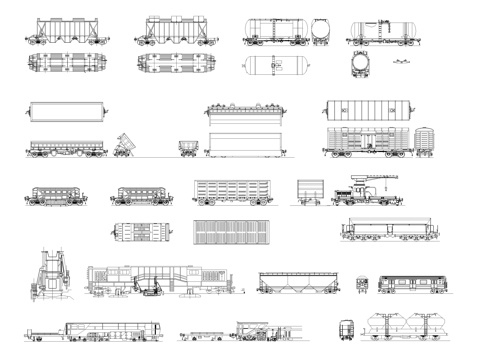 铁路车辆图块 火车 货车 工程车 油罐车cad施工图