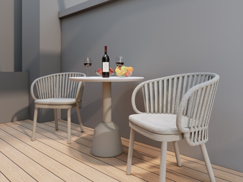 现代户外 餐桌椅 圆桌椅 一桌两椅 桌面红酒 水果摆件su模型