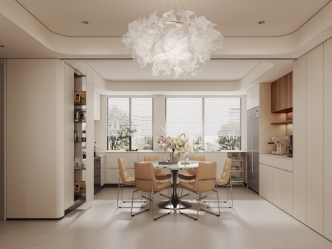  现代奶油风餐厅开放式厨房3d模型 