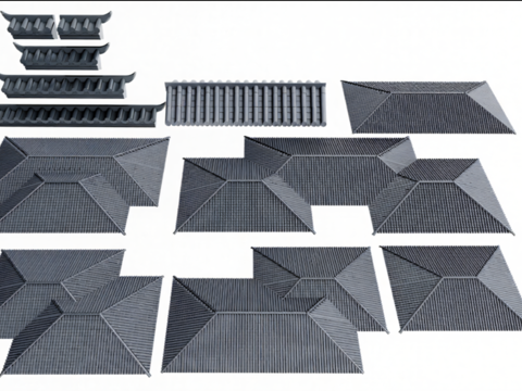 新中式屋檐_瓦片屋檐_琉璃瓦_建筑构件su模型