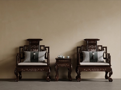 新中式单人沙发 实木沙发 边几su模型