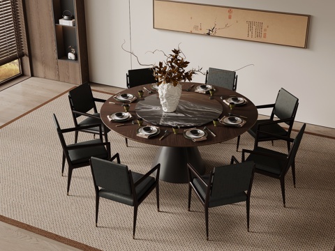 新中式餐桌椅 圆形餐桌椅 实木餐桌椅su模型