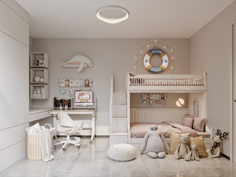  现代儿童房女儿房 楼梯上下床 学习书桌椅 转椅 彩色救生圈3d模型 