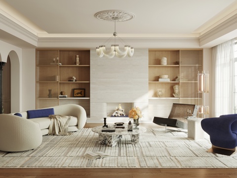  现代复古客厅 大平层 横厅 法式家居客厅3d模型 