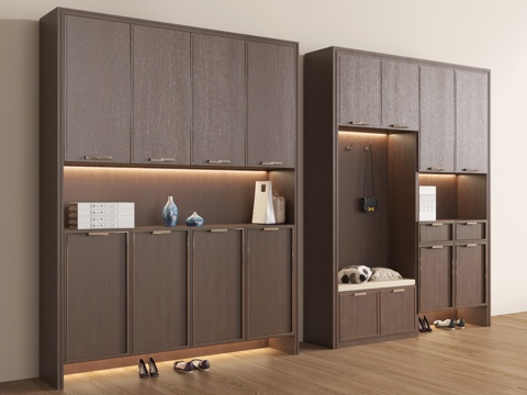 新中式玄关鞋柜 高柜 木材 换鞋凳 摆件su模型