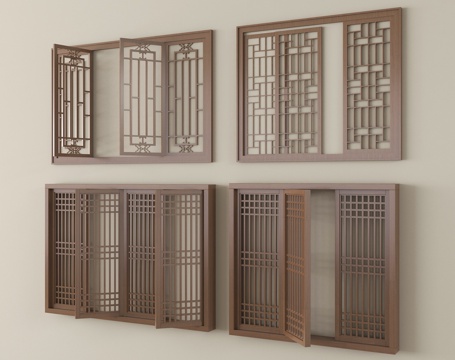 新中式镂空窗 推拉窗su模型