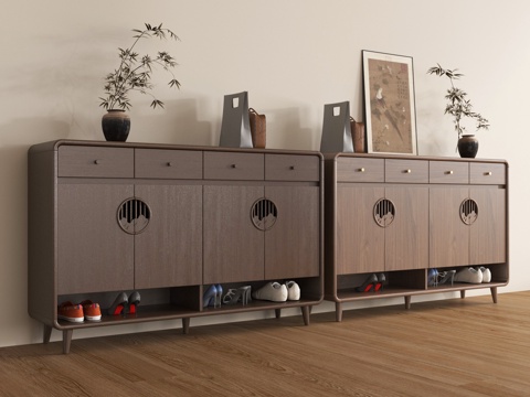 新中式玄关鞋柜 矮柜 木材 摆件su模型