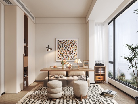 现代奶油风书房su模型