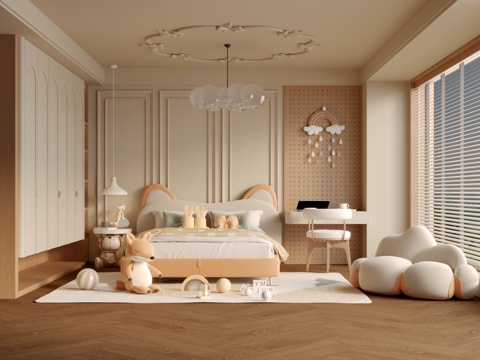  法式奶油风儿童房3d模型 