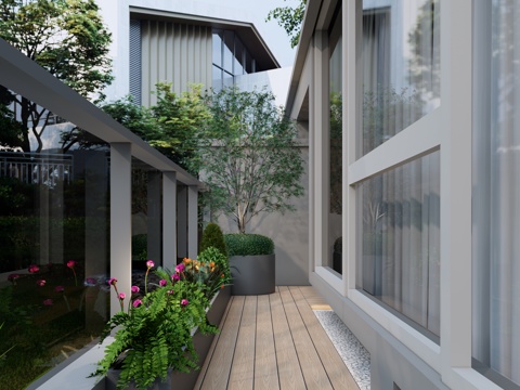 现代露台 屋顶花园 异形花箱 南法花园植物种植 防腐木台阶踏su模型