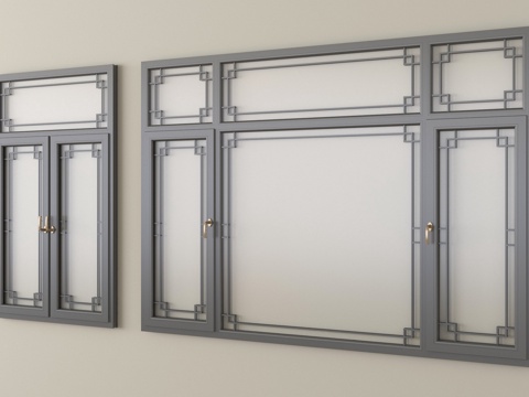 中式窗户 平开窗 落地窗 阳台窗su模型