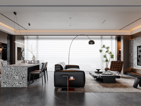  现代意式客餐厅 大平层 沙发茶几 餐桌椅 电视背景墙 餐边柜3d模型 