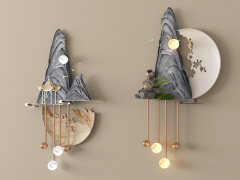 新中式墙饰挂件 立体墙饰su模型