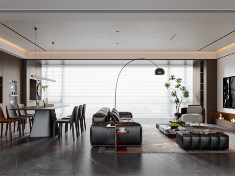  现代意式客餐厅 大平层 沙发茶几 餐桌椅 电视背景墙 餐边柜3d模型 