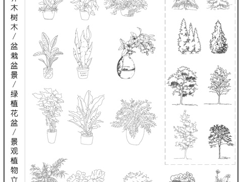 景观乔木树木 盆栽盆景  绿植花盆 植物立面图cad施工图