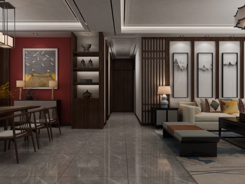  新中式客餐厅3d模型 