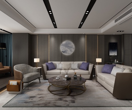  现代轻奢后现代客厅\现代客厅\现代别墅客厅\新中式3d模型 