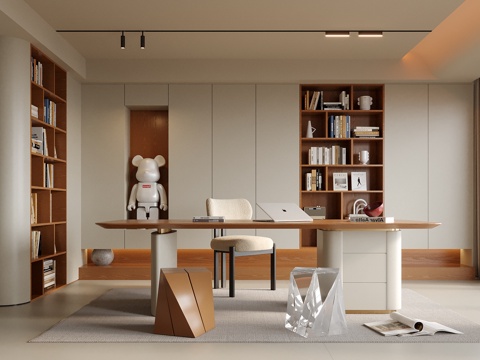 现代书房 书桌椅 书柜 凳子su模型