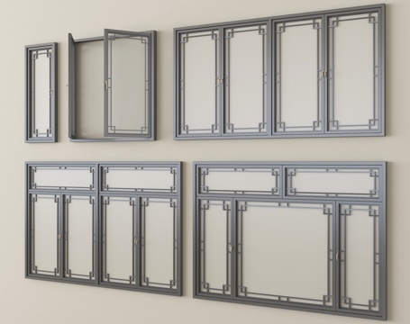  中式窗户 平开窗 落地窗 阳台窗3d模型 