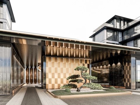 小区住宅大门入口 小区入户门 酒店式门楼 售楼处景观大门 喷su模型