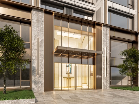 小区单元门入口 住宅楼大门入口 小区入户门 单元门花池树池su模型