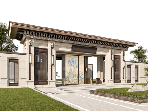 小区住宅大门入口 小区入户门 酒店式门楼 售楼处景观大门 门su模型