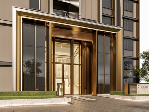 小区单元门入口 住宅楼大门入口 小区入户门 单元门 公司一楼su模型