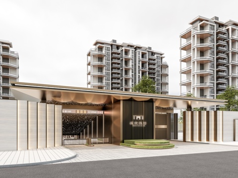 小区住宅大门入口 小区入户门 酒店式门楼 售楼处景观大门 门su模型