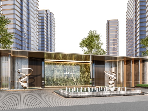 小区单元门入口 住宅楼大门入口 小区入户门 单元门花池树池su模型