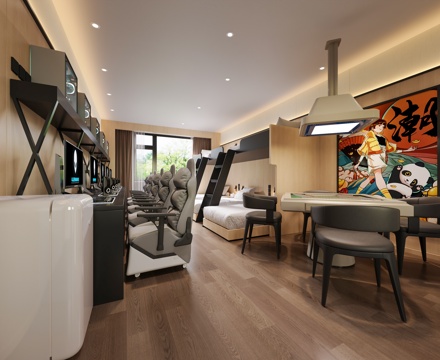  电竞酒店宾馆 麻将桌 迷你冰箱 宾馆上下床 电竞客房 民宿客3d模型 