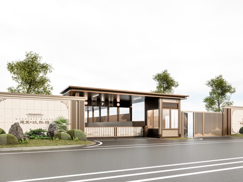 小区住宅大门入口 小区入户门 酒店式门楼 售楼处景观大门 门su模型