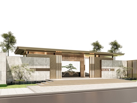 小区住宅大门入口 小区入户门 酒店式门楼 售楼处景观大门 喷su模型