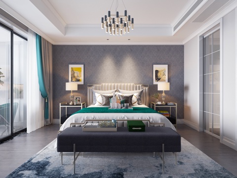  现代后现代轻奢主卧室 轻奢双人床吊灯台灯3d模型 