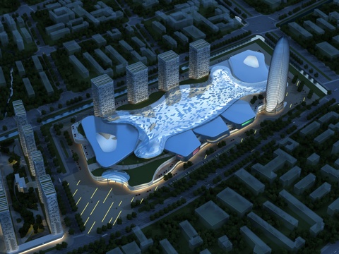  现代鸟瞰 夜景 商业建筑 住宅楼 配楼 商业街 公建 异3d模型 
