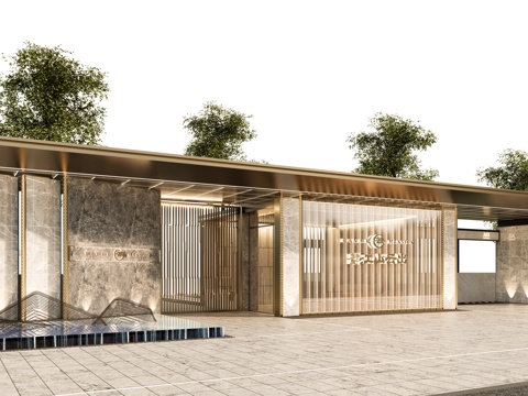 小区住宅大门入口 小区入户门 酒店式门楼 售楼处景观大门 喷su模型