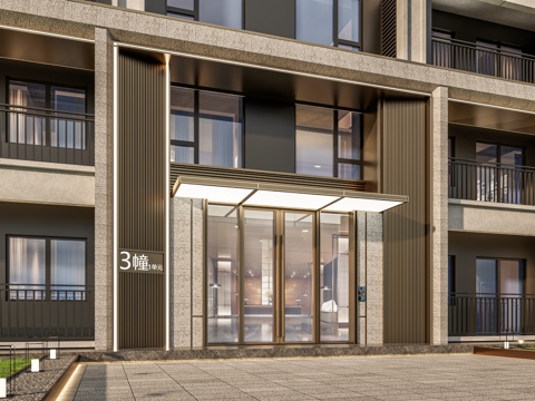 小区单元门入口 住宅楼大门入口 小区入户门 单元门 公司一楼su模型