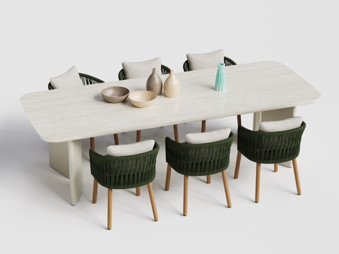 kun 现代庭院 户外餐桌椅 洞石一桌六椅 餐桌 餐椅su模型