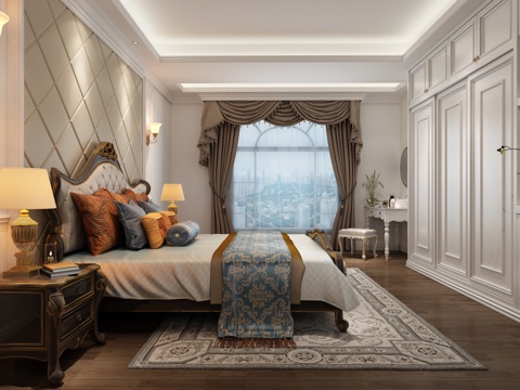  欧式古典欧式卧室软包背景衣柜梳妆台椅子凳子床台灯壁灯摆件3d模型 