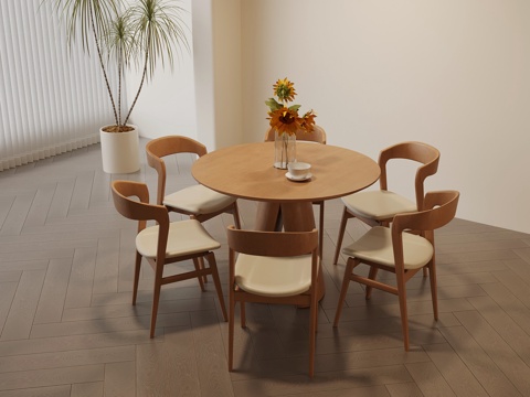 现代奶油风餐桌椅 圆形餐桌椅su模型