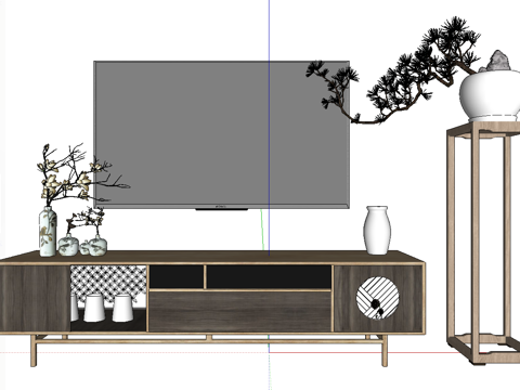 新中式风格电视柜_装饰摆件_盆栽su模型 