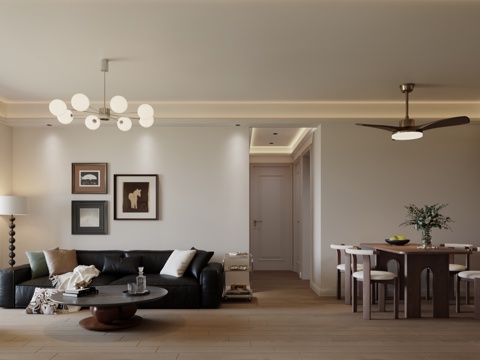  中古风家居客餐厅 中古风客餐厅 中古风沙发 茶几 中古风餐桌3d模型 