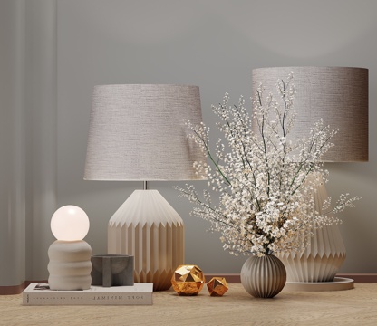  现代台灯 圆形台灯 床头灯 花瓶花卉 饰品摆件3d模型 