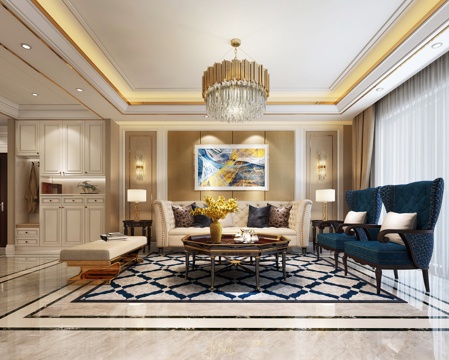  美式轻奢客厅餐厅 吊灯 挂画 沙发 茶几 餐桌椅 鞋柜3d模型 