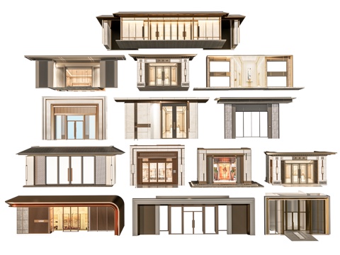 小区单元门入口 住宅楼大门入口 小区入户门 单元门花池树池su模型