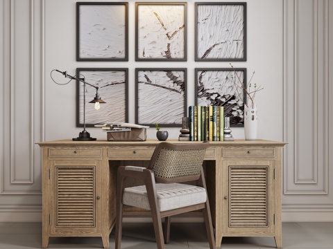 侘寂风 实木桌椅 桌椅组合   休闲椅 书箱挂画台灯壁灯su模型